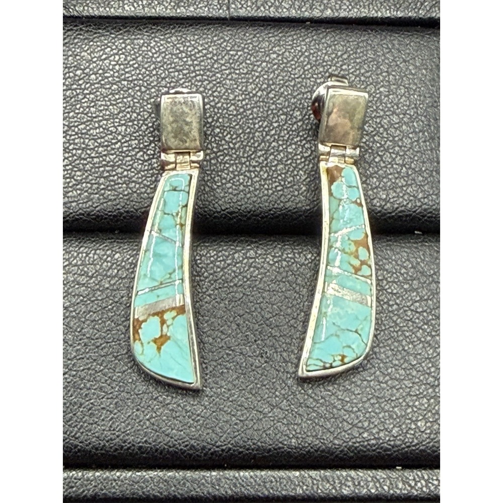 Navajo Sterling Silver Turquoise Billy Long Earrings Signed Native J26